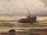 a painting of a group of people on a boat in the water