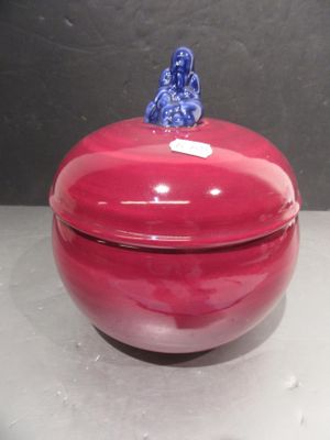 un bol rouge sur lequel est posé un oiseau bleu