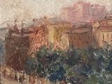 peinture d'une vue d'une ville avec une tour d'horloge au loin