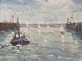 a painting of a boat in the water with people on it