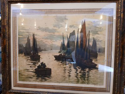 une photo d'un tableau représentant des voiliers sur l'eau
