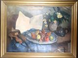 a painting of a bowl of fruit on a table