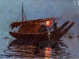 a painting of a boat in the water with people on it