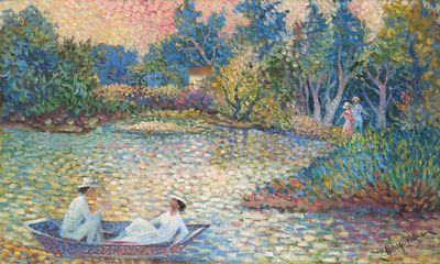 tableau représentant deux personnes dans un bateau sur une rivière bordée d'arbres