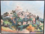 an oil painting of a village on a hill with a church on top