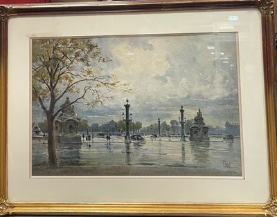 framed picture of a painting of a city street with people walking in the rain