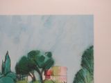a painting on the wall of a building with trees in the background