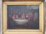 an oil painting of a group of people sitting around a table