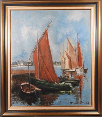 une peinture à l'huile représentant des bateaux sur un plan d'eau, avec le ciel en arrière-plan
