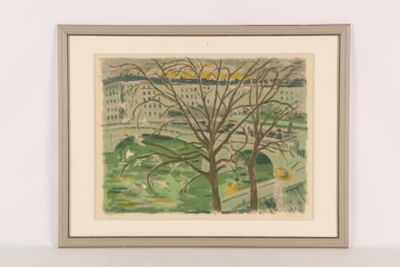 painting of a view of a park with trees and buildings in the background