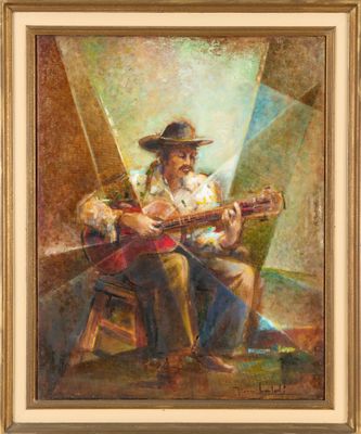 une peinture à l'huile représentant un homme assis sur une chaise en train de jouer de la guitare