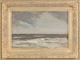 an image of a painting of a beach scene with a boat in the water