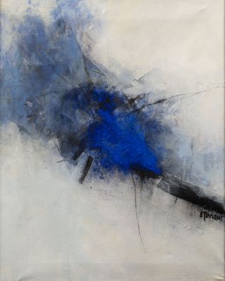 peinture abstraite représentant un oiseau bleu sur fond blanc