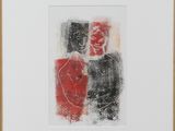 an image of a red and black abstract painting in a white frame