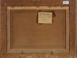 an old picture of a wooden frame with a sign on it