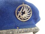 a blue hat with a silver emblem on it