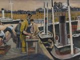 tableau représentant un groupe d'hommes travaillant sur un bateau dans un port