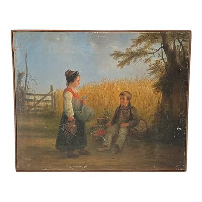 painting of a man and a woman in a field with a basket of flowers