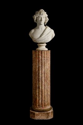 marble bust of a woman on a pedestal against a black background
