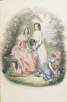 an old book with a picture of a woman and two children