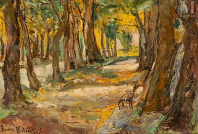 une peinture à l'huile représentant un sentier dans les bois avec un banc