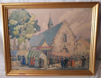 une image représentant un tableau d'une église devant laquelle se tiennent des personnes