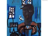 a painting of a man sitting at a table with a cup of coffee