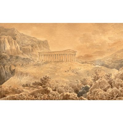 peinture représentant une vue du temple de Posena depuis la Vallée des Dieux