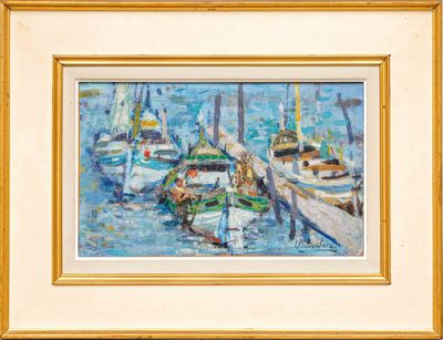 a painting of a group of boats docked in a harbor