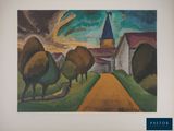 an image of a painting of a church and trees in a field