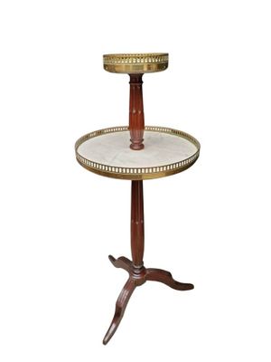 une image représentant une table avec un plateau en marbre posé sur un piètement en bois