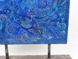 painting of a blue bird on a stand with a white background