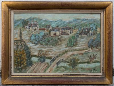 une peinture à l'huile représentant un village avec un pont au premier plan