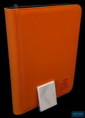an orange folder with a white button on it