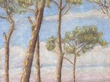 painting of a landscape with trees and a lake in the distance