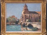 an oil painting of a church by a river in a gold frame
