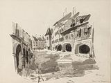 drawing of a street scene with buildings and a bridge in the background