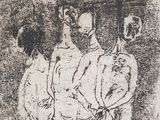 drawing of a group of men standing next to each other in front of a wall