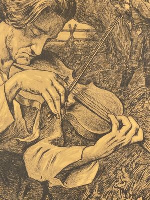dessin représentant un homme jouant du violon devant un cheval
