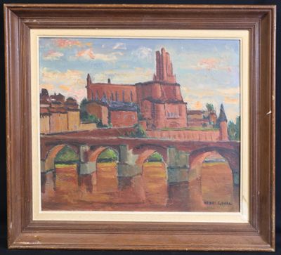 a painting of a bridge over a river with a castle in the background