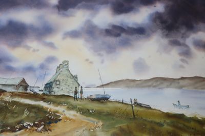 a painting of a boat on the shore of a body of water