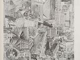 an illustration of a drawing of a city with a plane flying over it