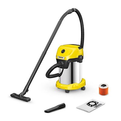 a yellow vacuum cleaner with a hose and other cleaning supplies