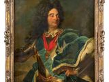 an old painting of a man in a blue robe holding a sword