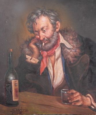 tableau représentant un homme assis à une table avec une bouteille de vin