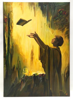 painting of a man holding a book above his head in front of a cave
