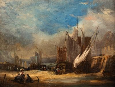 an image of a painting of a harbor scene with boats in the water