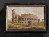 une vieille peinture représentant un bâtiment avec une tour au milieu