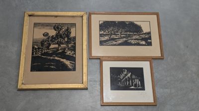 three framed pictures of trees and a mountain are on the floor