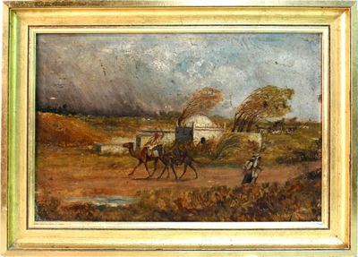 une peinture à l'huile représentant une calèche tirée par des chevaux sur un chemin de terre